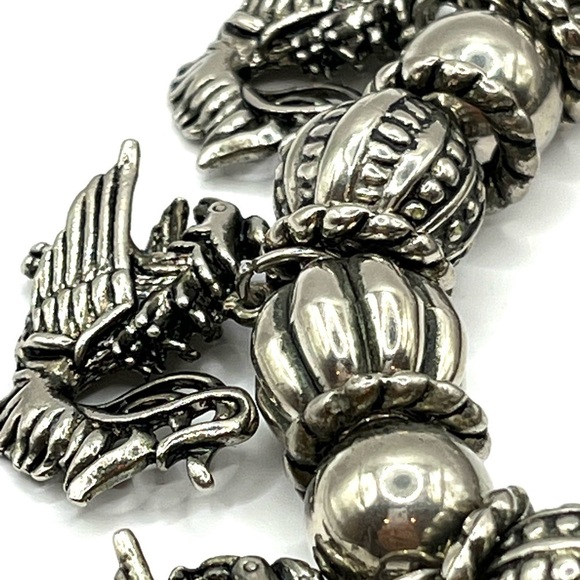 Dragon Charm Bracelet Stretch MJ Enterprises 80s Dark Silver Tone Vintage 8” - Picture 6 of 12